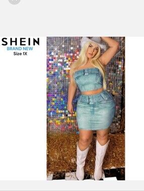 Shein SXY Denim-Effect Print Tube Top & Bodycon Skirt BNWOT